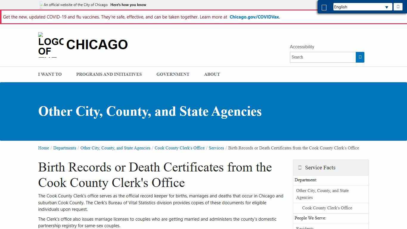 City of Chicago :: Birth Records or Death Certificates from the Cook County Clerk's Office